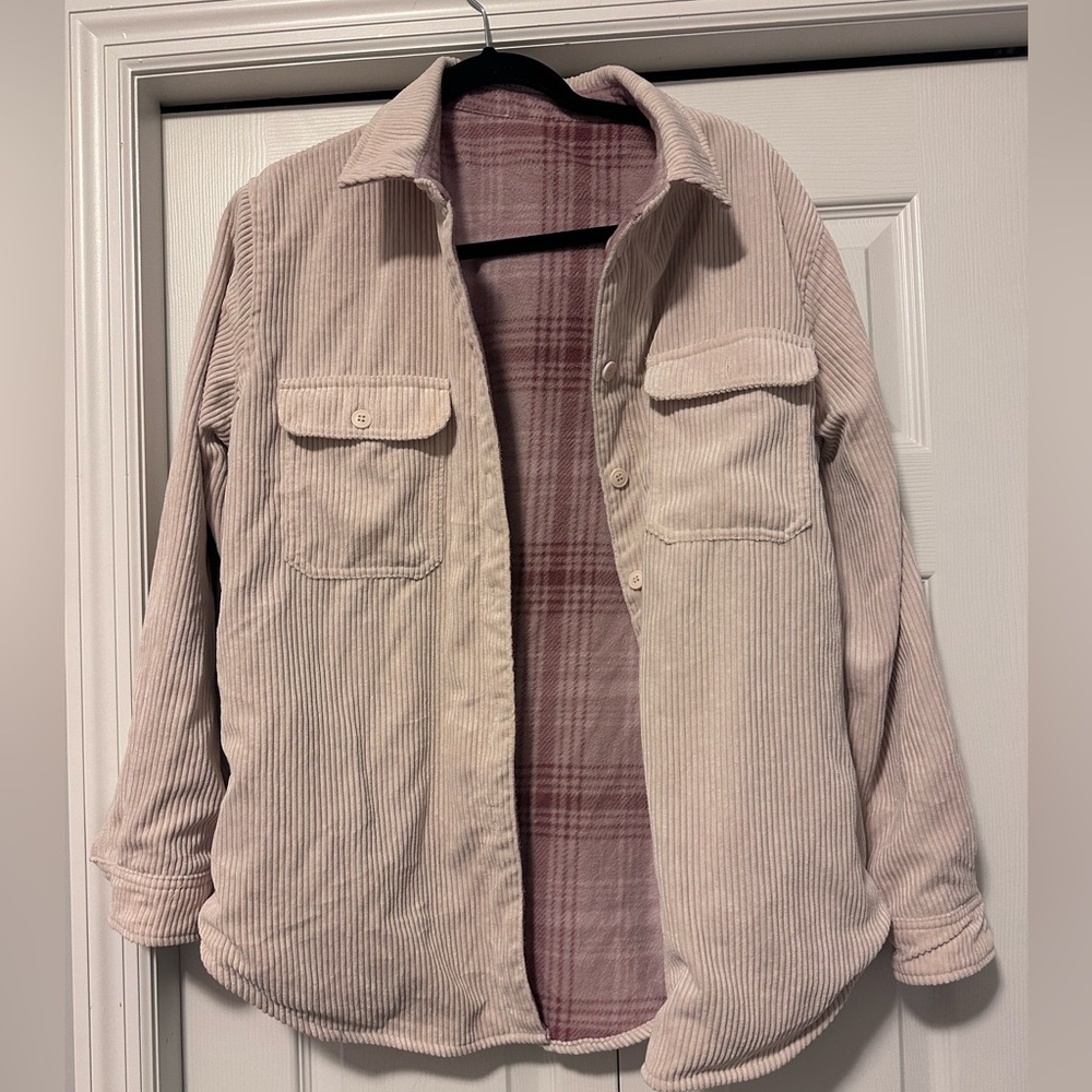 Love Tree Women's Reversible Corduroy Jacket - Cream and Pink Soft Plaid